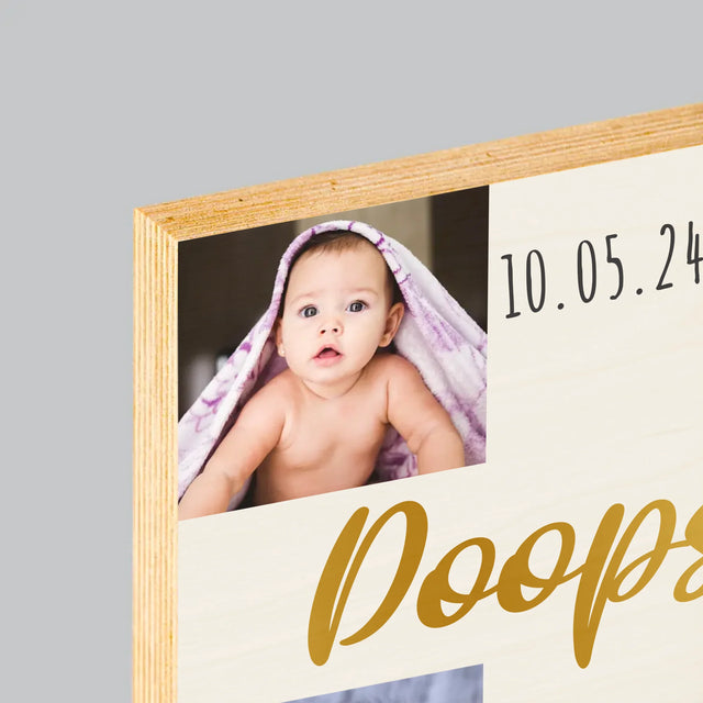 Fotocollage: Doopsel, Kruis - Afdruk Op Hout (Verticaal)