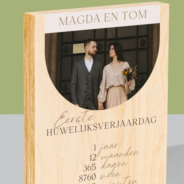 Foto En Handtekening: Eerste Huwelijksverjaardag - Afdruk Op Hout (Verticaal)