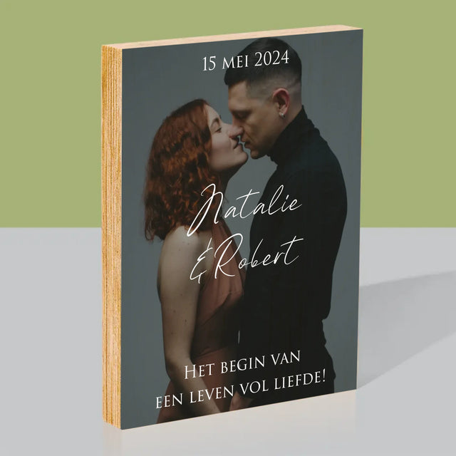 Foto En Handtekening: Trouwfoto Met Wensen - Afdruk Op Hout (Verticaal)