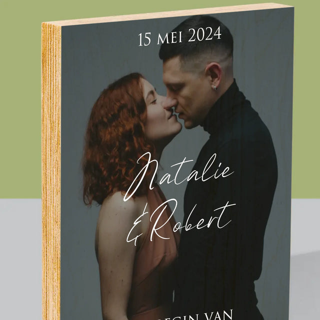 Foto En Handtekening: Trouwfoto Met Wensen - Afdruk Op Hout (Verticaal)