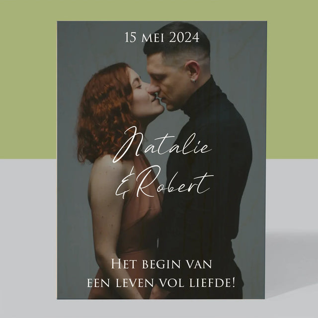 Foto En Handtekening: Trouwfoto Met Wensen - Afdruk Op Hout (Verticaal)