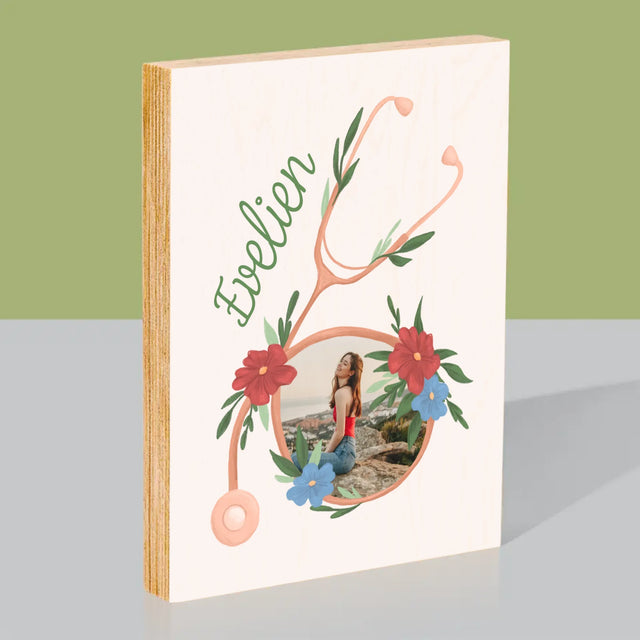 Foto En Handtekening: Stethoscoop Bloemen - Afdruk Op Hout (Verticaal)