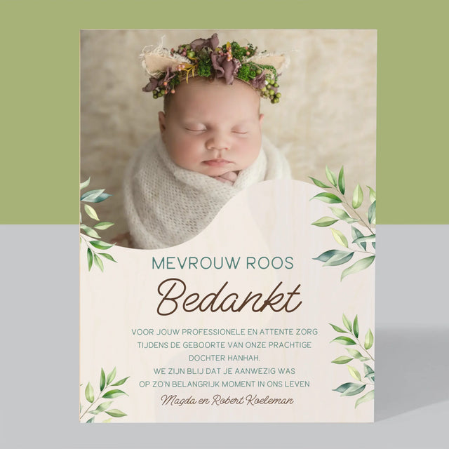 Foto En Handtekening: Bedankt Aan De Vroedvrouw - Afdruk Op Hout (Verticaal)