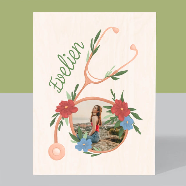 Foto En Handtekening: Stethoscoop Bloemen - Afdruk Op Hout (Verticaal)