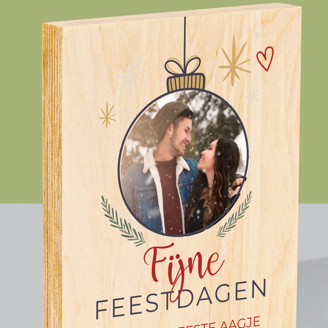 Foto En Handtekening: Fijne Feestdagen Kerstbal - Afdruk Op Hout (Verticaal)