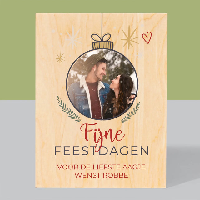 Foto En Handtekening: Fijne Feestdagen Kerstbal - Afdruk Op Hout (Verticaal)