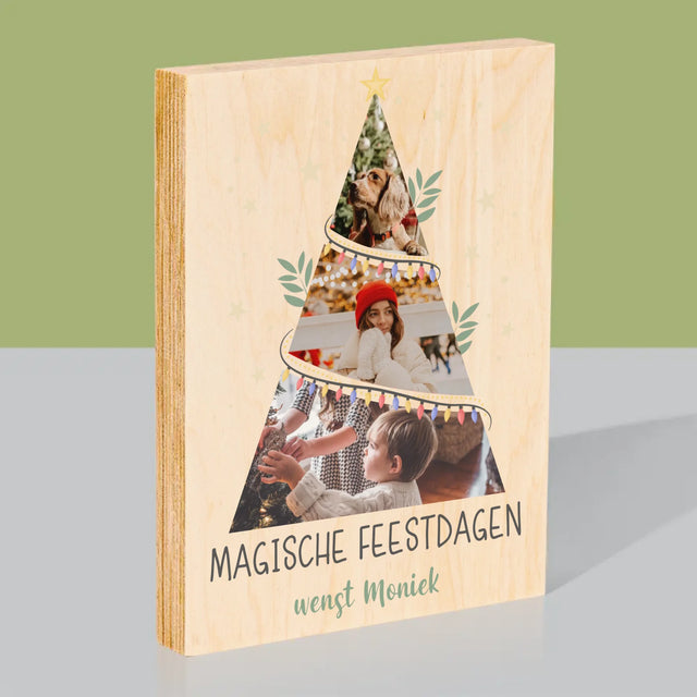 Fotocollage: Kerstboom, Magische Feestdagen - Afdruk Op Hout (Verticaal)
