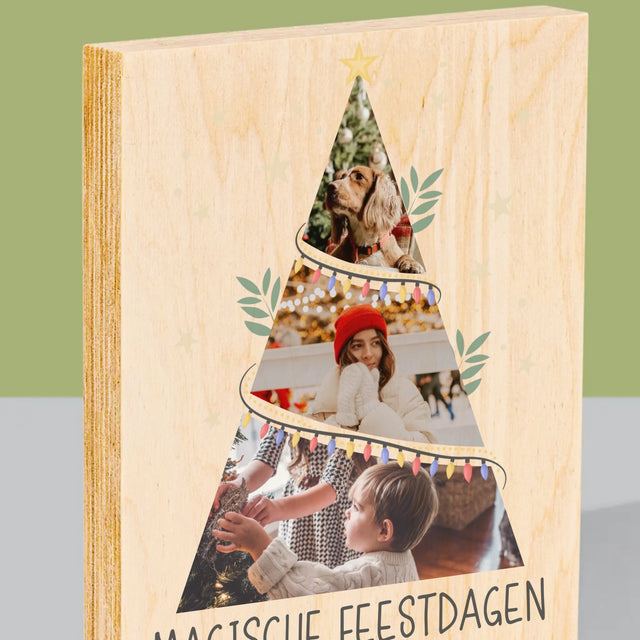Fotocollage: Kerstboom, Magische Feestdagen - Afdruk Op Hout (Verticaal)