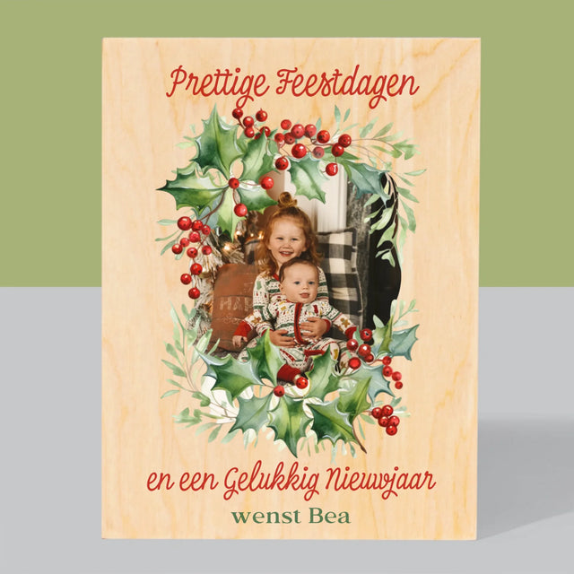 Foto En Handtekening: Kerstkrans - Afdruk Op Hout (Verticaal)