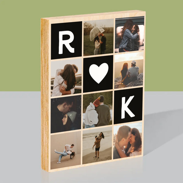 Fotocollage: Liefde Monogram Met Foto'S - Afdruk Op Hout (Verticaal)