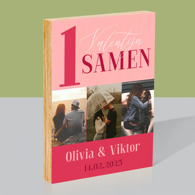 Fotocollage: Eerste Valentijn Samen - Afdruk Op Hout (Verticaal)