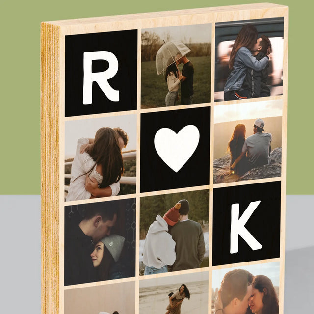 Fotocollage: Liefde Monogram Met Foto'S - Afdruk Op Hout (Verticaal)