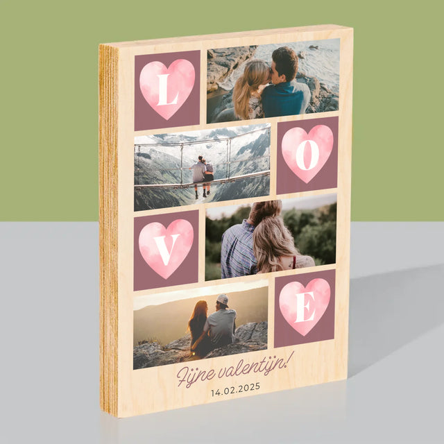 Fotocollage: Hartje Love - Afdruk Op Hout (Verticaal)