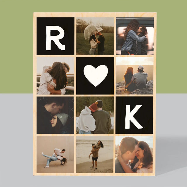 Fotocollage: Liefde Monogram Met Foto'S - Afdruk Op Hout (Verticaal)