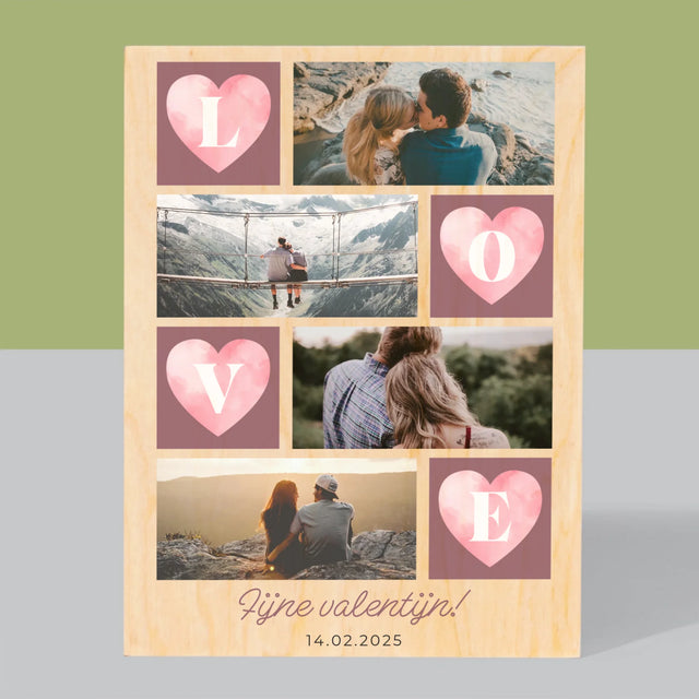 Fotocollage: Hartje Love - Afdruk Op Hout (Verticaal)