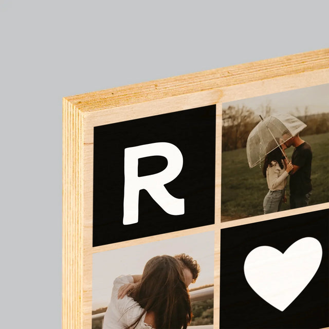 Fotocollage: Liefde Monogram Met Foto'S - Afdruk Op Hout (Verticaal)