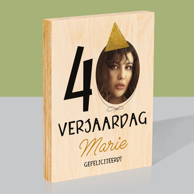 Foto En Handtekening: 40 Verjaardag Pet - Afdruk Op Hout (Verticaal)