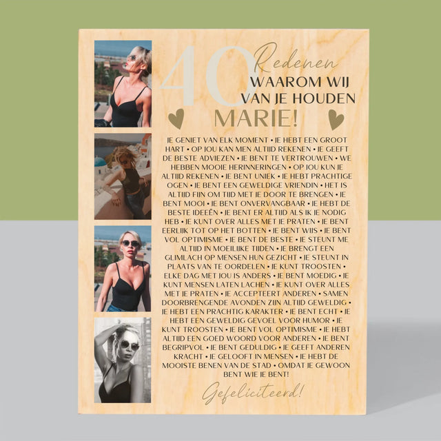 Fotocollage: 40 Redenen - Afdruk Op Hout (Verticaal)