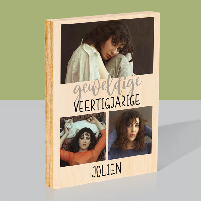 Fotocollage: Geweldige Veertigjarige, Vrouw - Afdruk Op Hout (Verticaal)