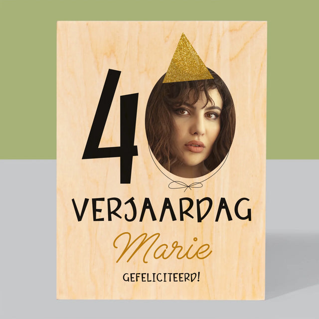 Foto En Handtekening: 40 Verjaardag Pet - Afdruk Op Hout (Verticaal)