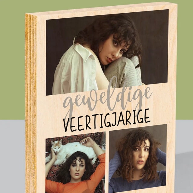 Fotocollage: Geweldige Veertigjarige, Vrouw - Afdruk Op Hout (Verticaal)