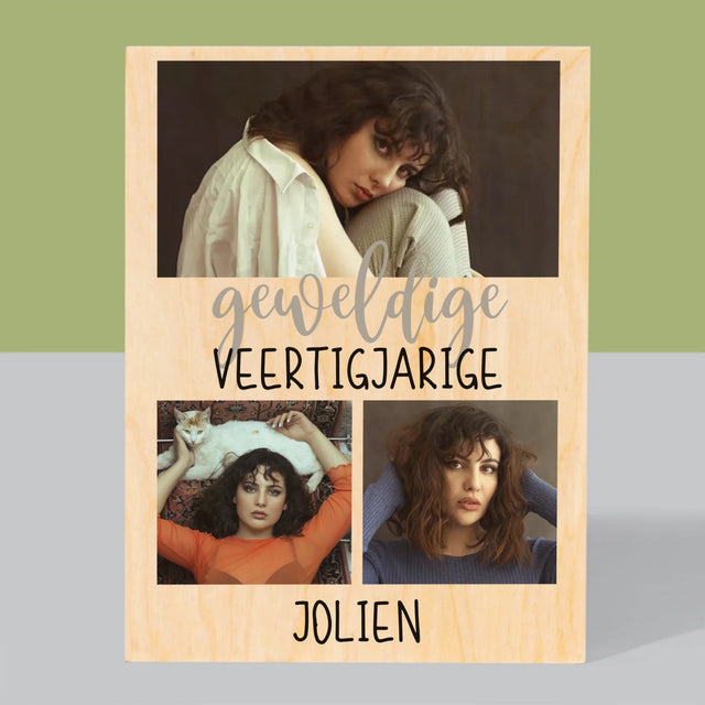 Fotocollage: Geweldige Veertigjarige, Vrouw - Afdruk Op Hout (Verticaal)