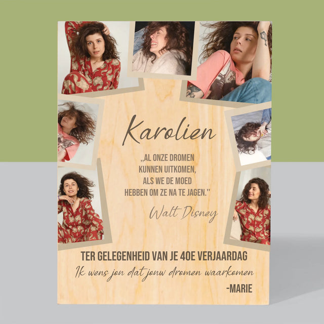 Fotocollage: Maak Je Dromen Waar - Afdruk Op Hout (Verticaal)