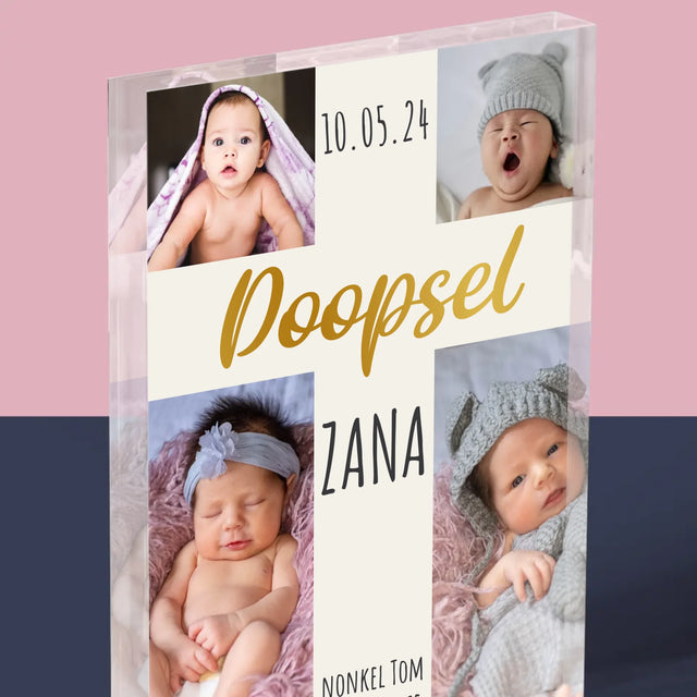 Fotocollage: Doopsel, Kruis - Acryl Blok