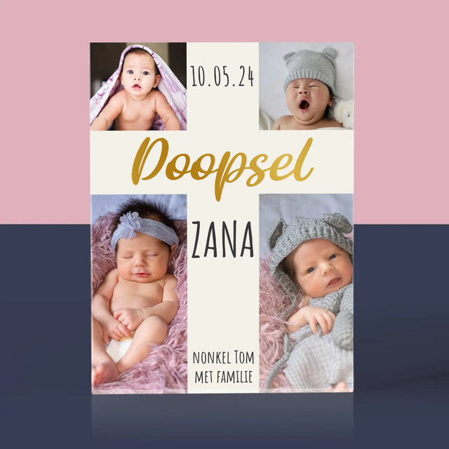 Fotocollage: Doopsel, Kruis - Acryl Blok