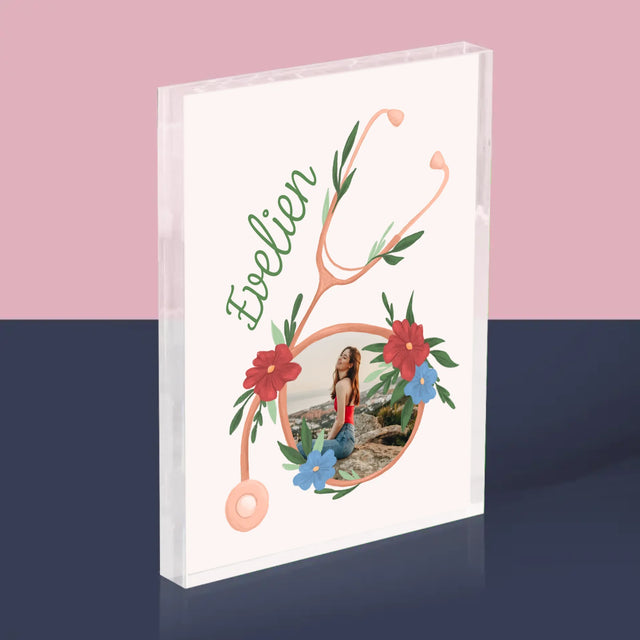 Foto En Handtekening: Stethoscoop Bloemen - Acryl Blok