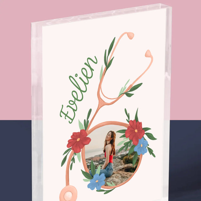 Foto En Handtekening: Stethoscoop Bloemen - Acryl Blok