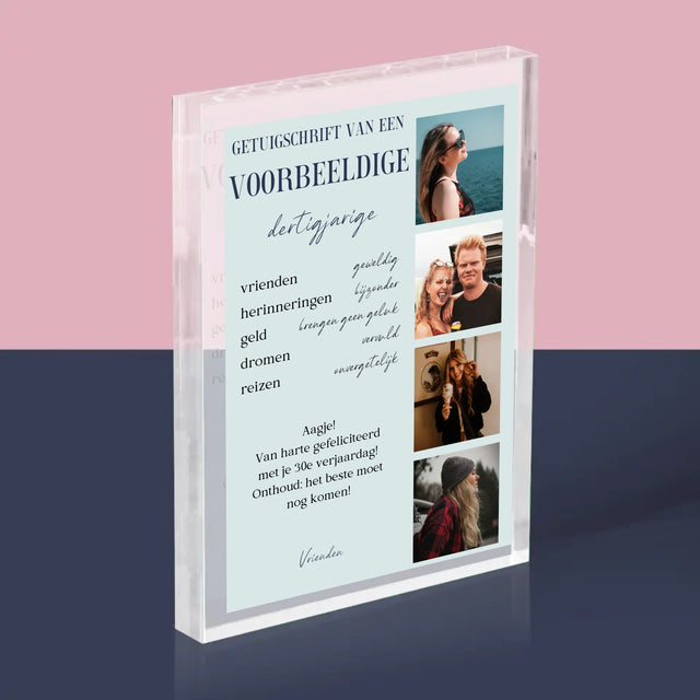 Fotocollage: Getuigschrift Van Een Voorbeeldige Dertiger - Acryl Blok