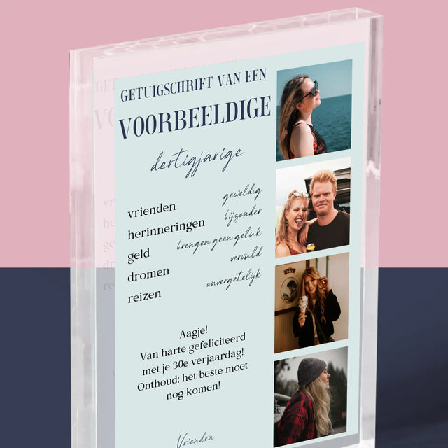 Fotocollage: Getuigschrift Van Een Voorbeeldige Dertiger - Acryl Blok