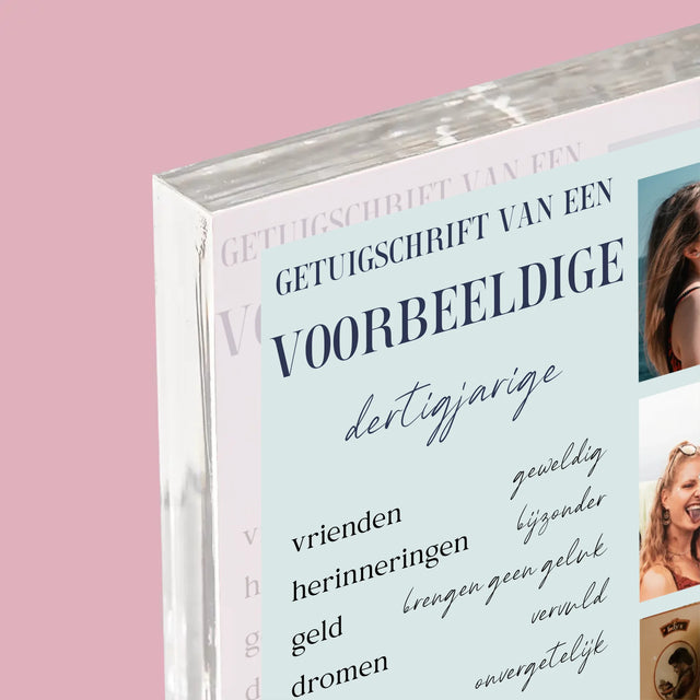 Fotocollage: Getuigschrift Van Een Voorbeeldige Dertiger - Acryl Blok