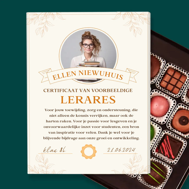 Foto En Handtekening: Certificaat Van Voorbeeldige Lerares - Pralines