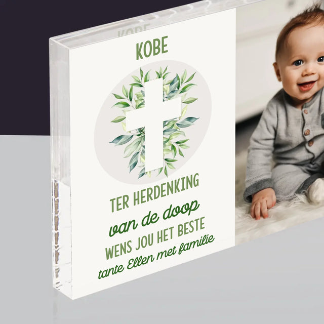 Foto En Handtekening: Doopsel, Blaadjes - Acryl Blok