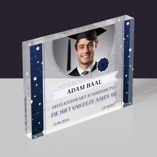 Foto En Handtekening: Gefeliciteerd Met Je Verdediging - Acryl Blok