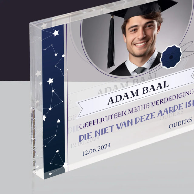 Foto En Handtekening: Gefeliciteerd Met Je Verdediging - Acryl Blok