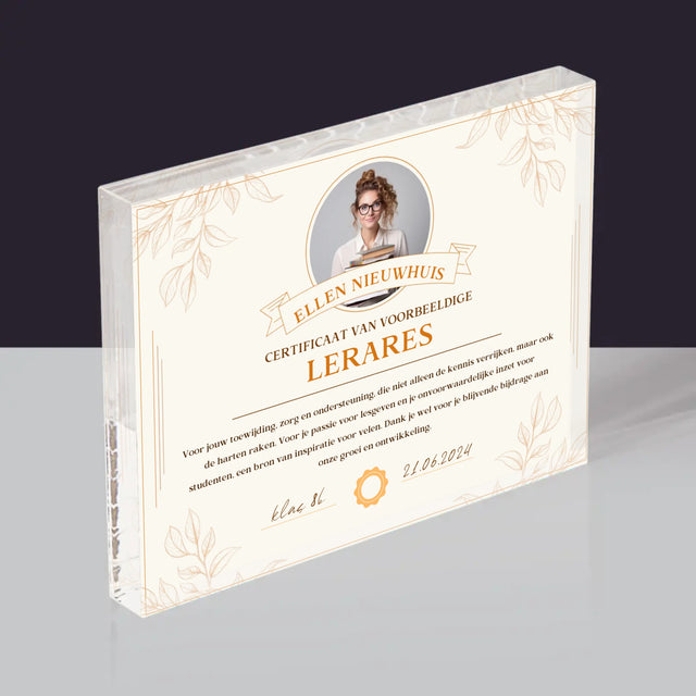 Foto En Handtekening: Certificaat Van Voorbeeldige Lerares - Acryl Blok