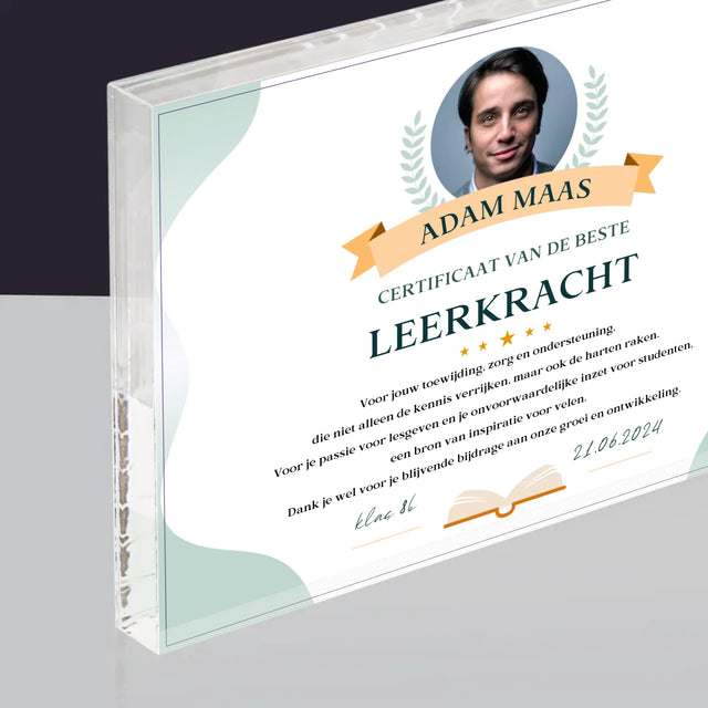 Foto En Handtekening: Certificaat Van De Beste Leerkracht - Acryl Blok