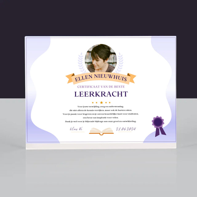 Foto En Handtekening: Certificaat Van De Beste Leerkracht - Acryl Blok