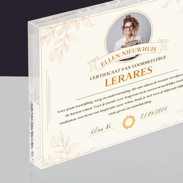 Foto En Handtekening: Certificaat Van Voorbeeldige Lerares - Acryl Blok