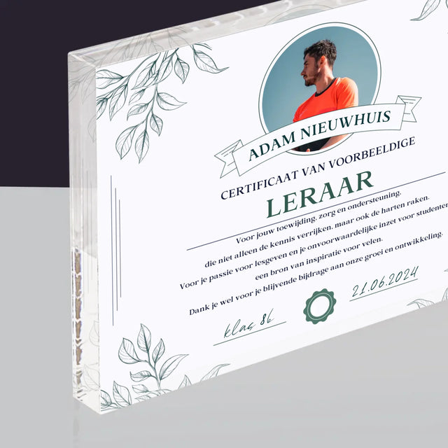 Foto En Handtekening: Certificaat Van Voorbeeldige Leraar - Acryl Blok