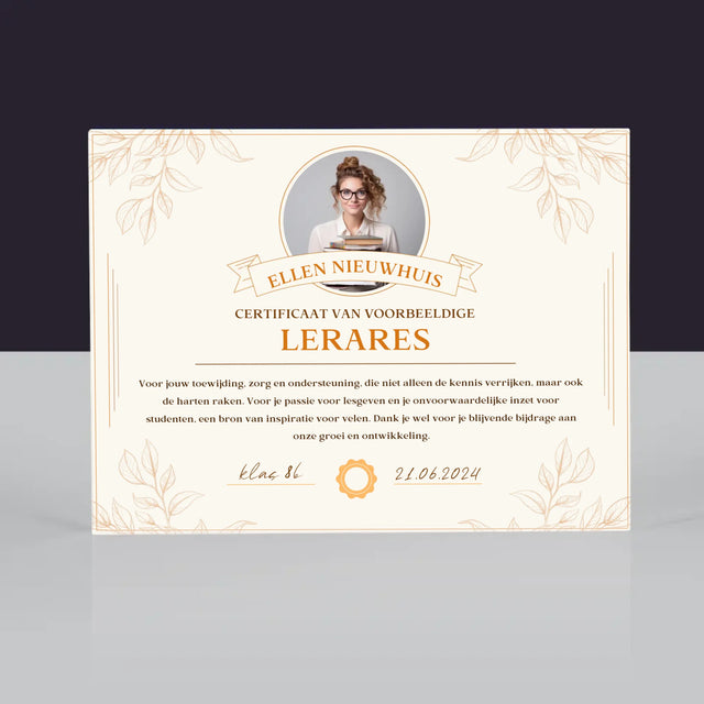 Foto En Handtekening: Certificaat Van Voorbeeldige Lerares - Acryl Blok