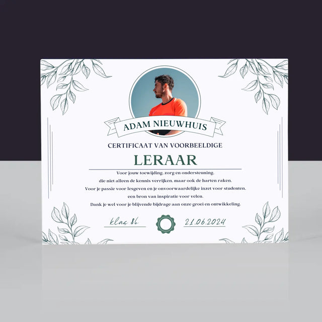 Foto En Handtekening: Certificaat Van Voorbeeldige Leraar - Acryl Blok