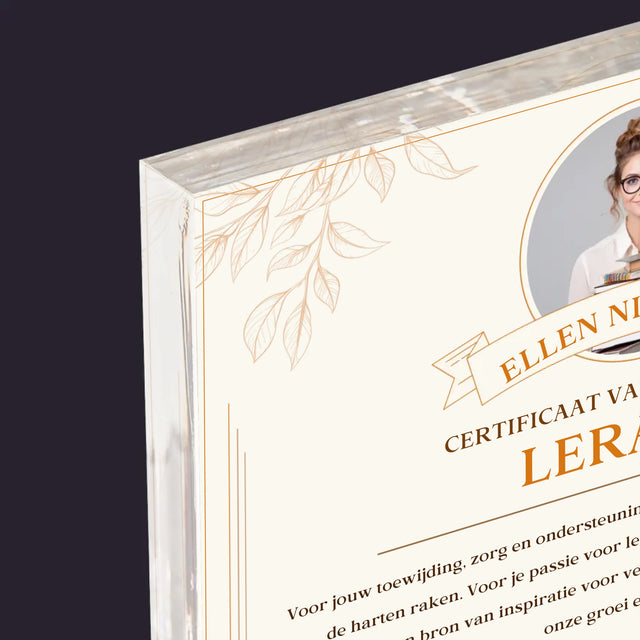 Foto En Handtekening: Certificaat Van Voorbeeldige Lerares - Acryl Blok