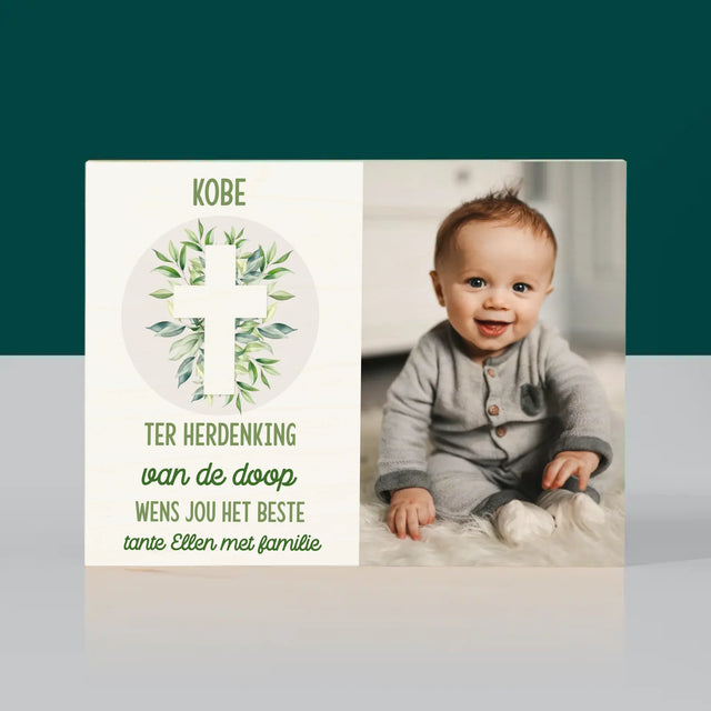 Foto En Handtekening: Doopsel, Blaadjes - Afdruk Op Hout (Horizontaal)