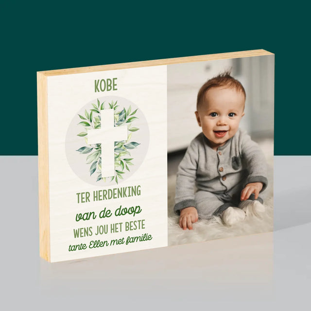 Foto En Handtekening: Doopsel, Blaadjes - Afdruk Op Hout (Horizontaal)