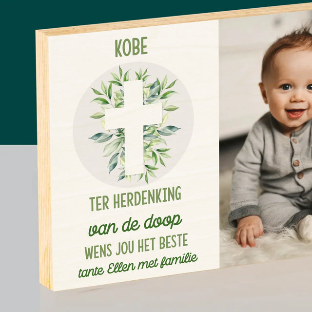 Foto En Handtekening: Doopsel, Blaadjes - Afdruk Op Hout (Horizontaal)