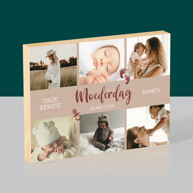 Fotocollage: Onze Eerste Moederdag Samen - Afdruk Op Hout (Horizontaal)